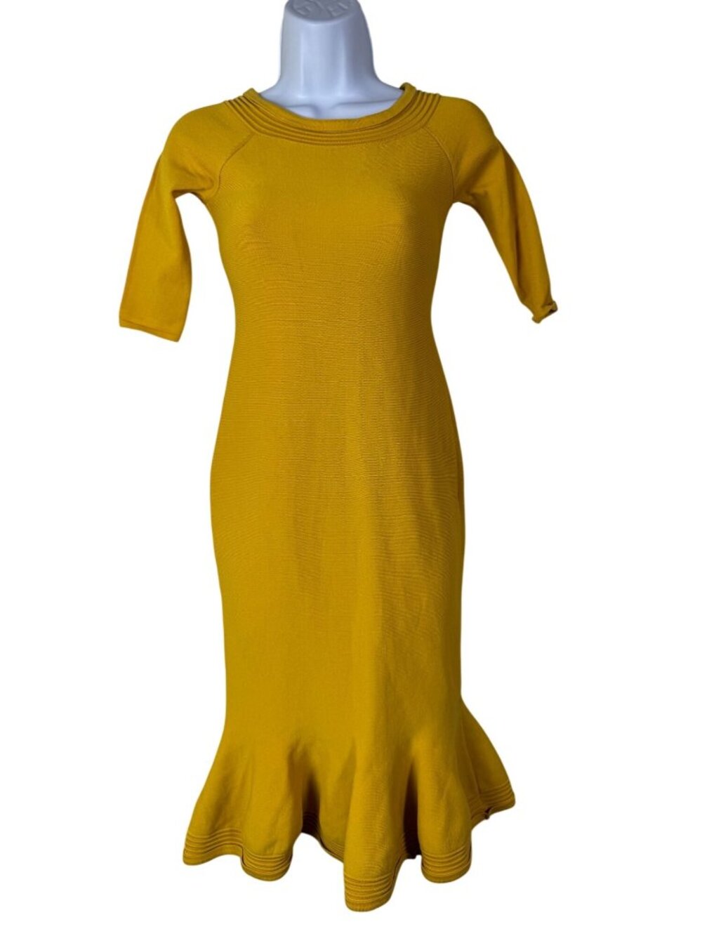 Eva Mendes Yellow Knit Flared Midi Dress size XXS Petite Modest Elegant feminine